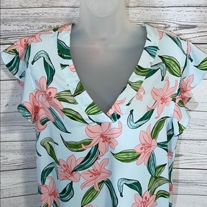 C&E Blue & Pink Lily Flower Printed Short Sleeved Blouse Shirt Top Ruffle Detail